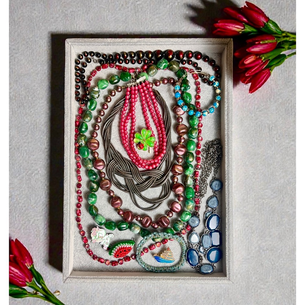 Vintage Costume Jewelry Lot Beaded Necklaces Brooches Green Red Blue Statement